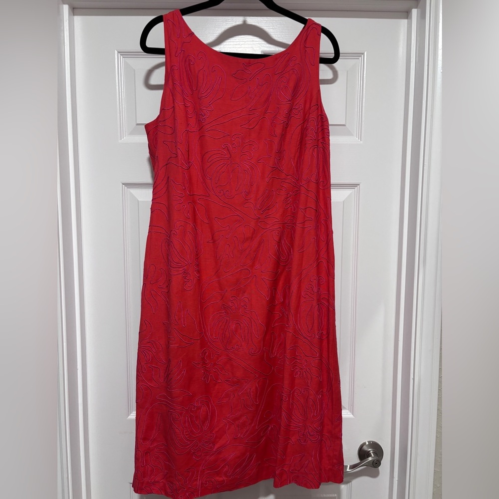 0130- Vintage Red Embroidered Linen Blend Dress 16
